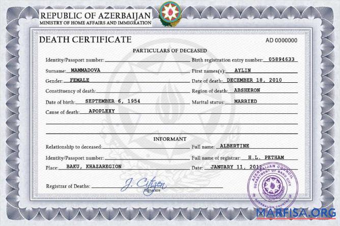 Blank Azerbaijan vital record death certificate PSD template